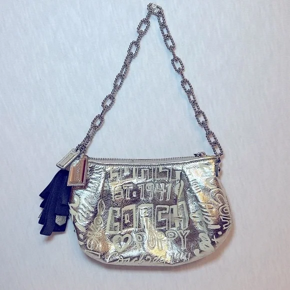 Coach LtdEd Poppy Silver Etched Storypatch Small Evening Shoulder Bag Purse RARE - Picture 3 of 15
